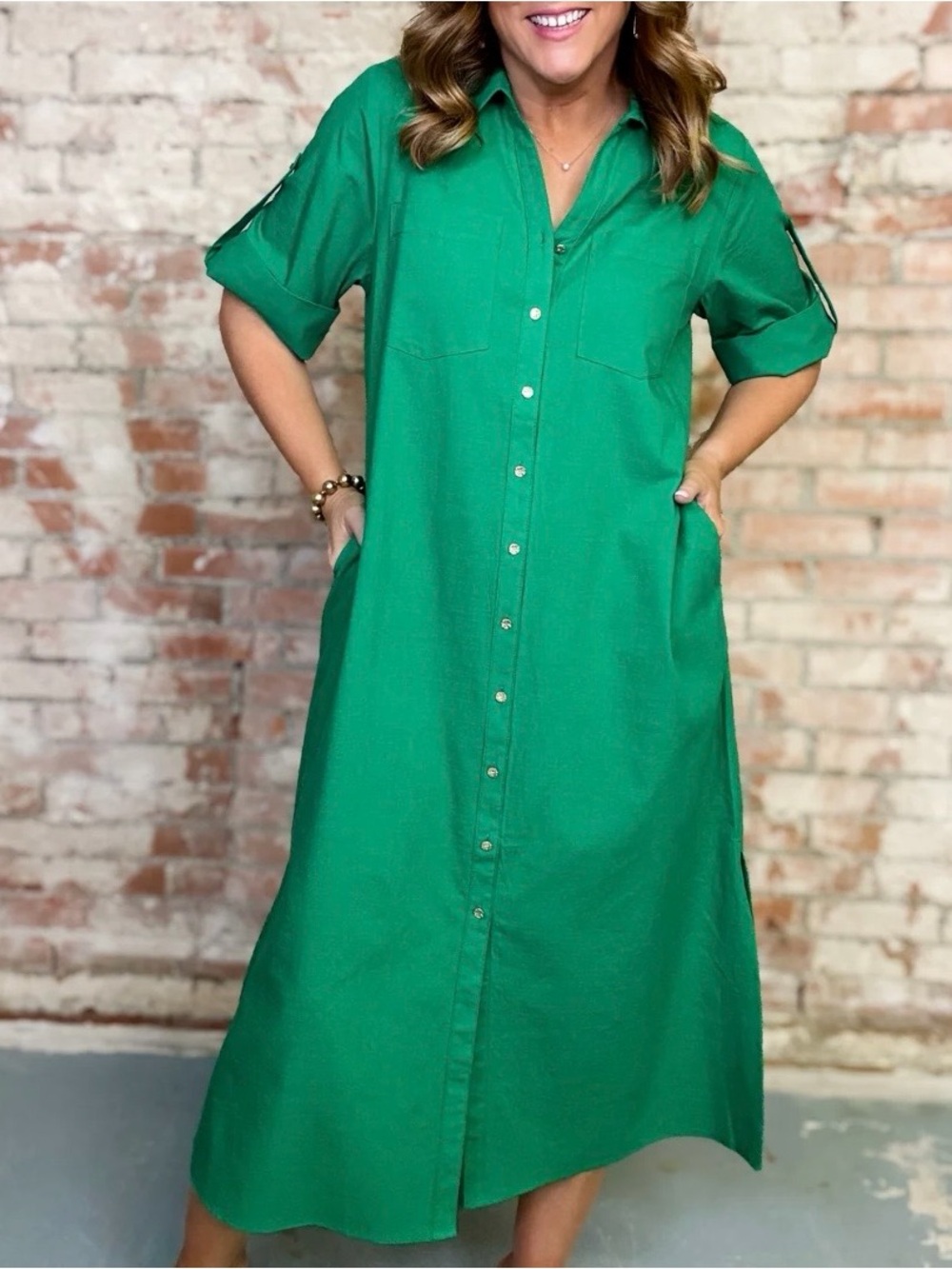 JODIFL Bright Green Button-Front Maxi Shirt Dress